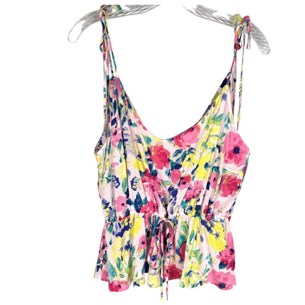 Forever 21 Floral Tank Top Sz L Tie Waist Pink Yellow Blue Boho Festival Soft